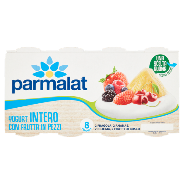 parmalat Yogurt Intero con Frutta in Pezzi 2 Fragola, 2 Ananas, 2 Ciliegia, 2 Frutti di Bosco 8x125g
