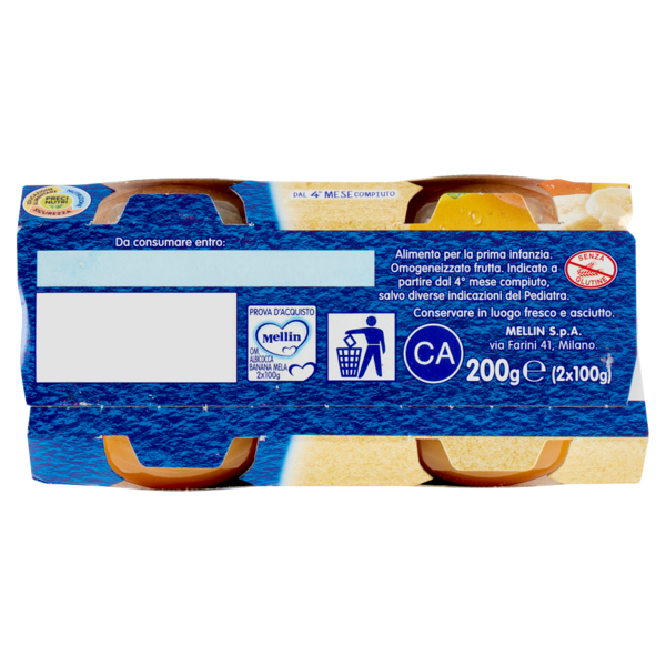 Mellin Albicocca Banana Mela 100% Naturale Omogeneizzato 2 x 100 g