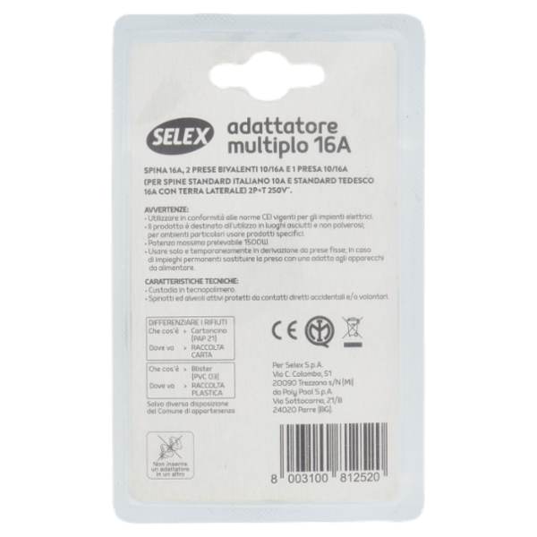 Selex Adattatore Pluristandard Spina 16A + 2 Prese Bivalenti + 1 Presa Tedesca Bianco