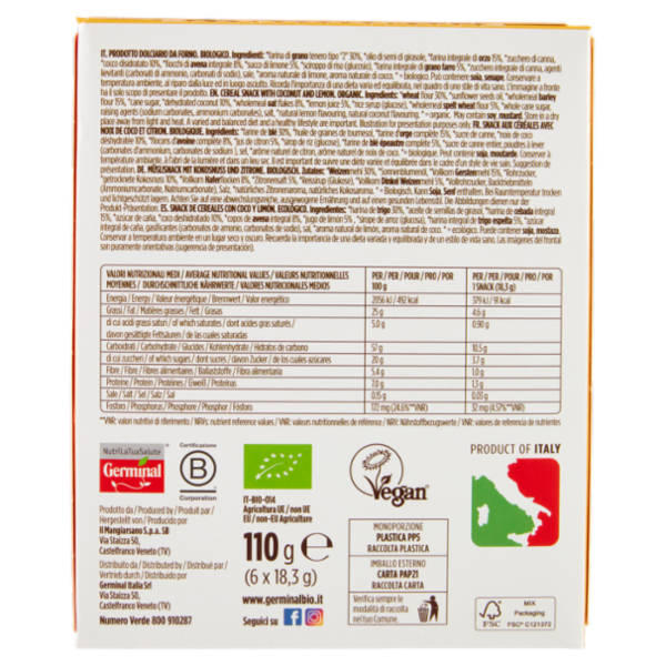 Germinal Bio Snack Cereali Cocco e Limone 6 x 18,3 g