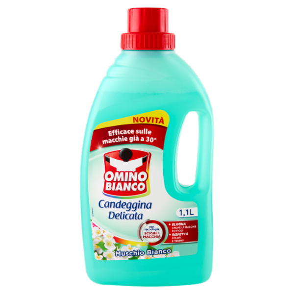 Omino Bianco, Candeggina Delicata, Elimina le Macchie e rispetta Colori, Muschio Bianco, 1100ml