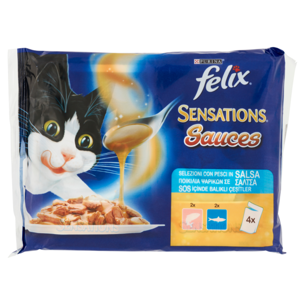 PURINA FELIX Sensations Sauces Gatto Con Salmone gusto Gamberetti Con Sardine e Carote Busta 4x100g