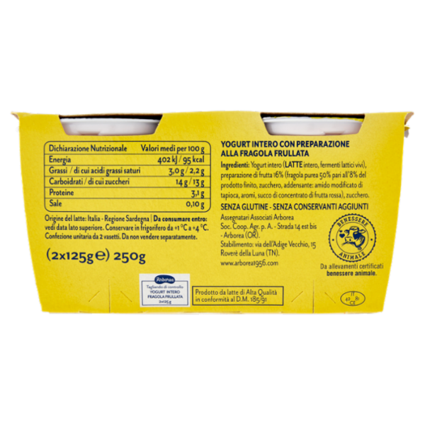 Arborea Yogurt Intero da Latte di Alta Qualità Fragola Frullata 2 x 125 g