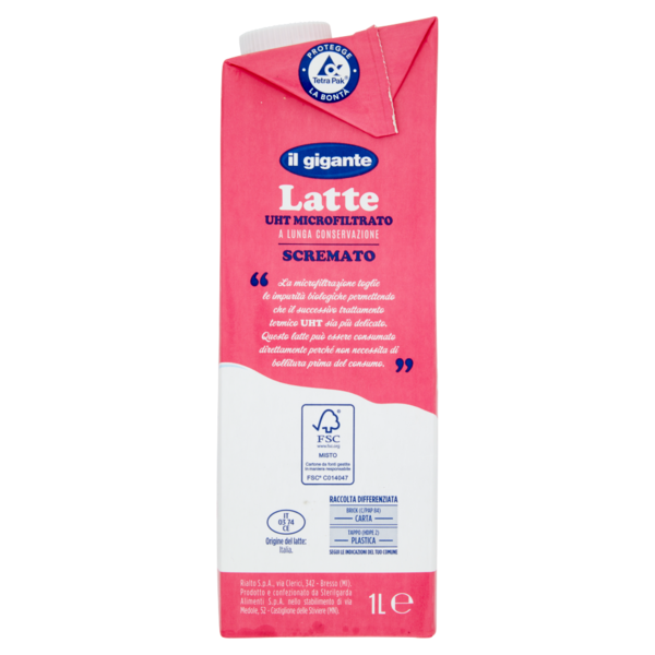 IL GIGANTE Latte UHT Microfiltrato a Lunga Conservazione Scremato 1 L
