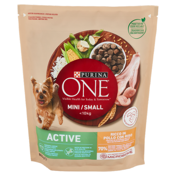 PURINA ONE My Dog Is? Crocchette Cane Active per cani 1-10kg Ricco in Pollo con Riso sacco 800 g