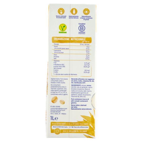 ALPRO Avena Classico, Bevanda all'Avena 100% vegetale con vitamine B2, B12 e D, 1 L