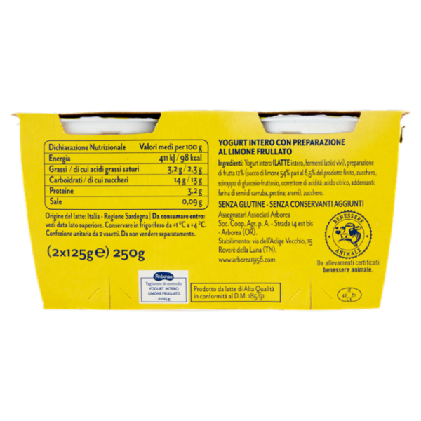Arborea Yogurt Intero da Latte di Alta Qualità Limone Frullato 2 x 125 g