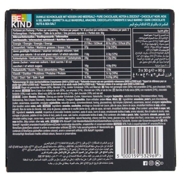 Be-Kind Barretta con Cioccolato Fondente e Sale Marino, 3 x 30 g