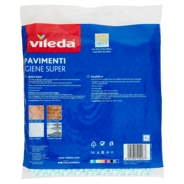 Vileda Igiene Super - panni per pulire tutti i tipi di pavimento, con 50% in microfibra, 3x 45x50 cm