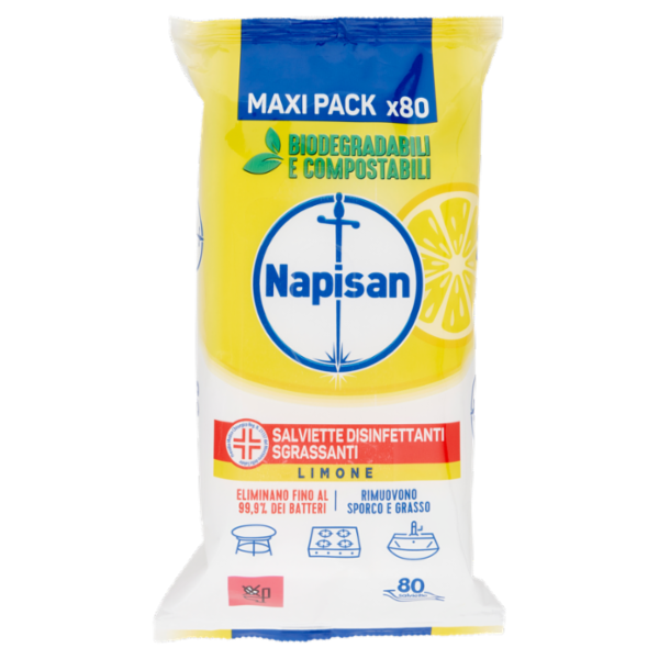 Napisan Salviette Disinfettanti Sgrassanti Limone Biodegradabili 80 pz