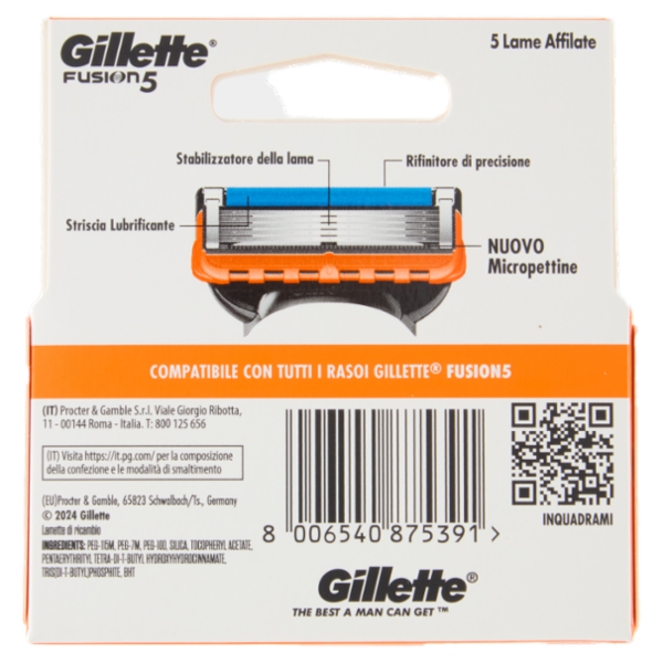 Gillette Fusion5 Lamette di ricambio per Rasoio da Uomo, 4 Ricariche