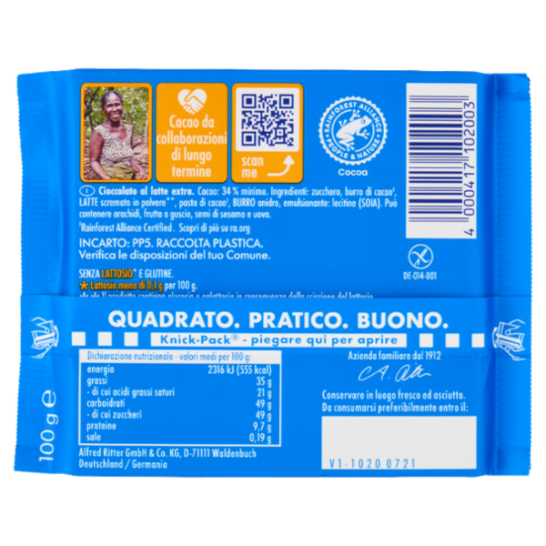 Ritter Sport Latte Senza Lattosio* 100 g