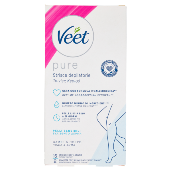 Veet Pure Strisce Depilatorie Corpo e Gambe, Ipoallergeniche, Confezione da 16 Strisce