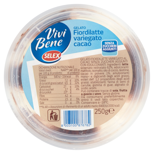 Selex Vivi Bene Gelato Bianco Variegato al Cacao Senza Zuccheri Aggiunti 250 g