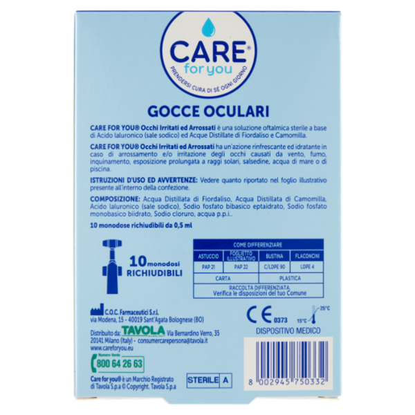 Care for you Gocce Oculari Occhi Irritati ed Arrossati monodose 10 x 0,5 ml