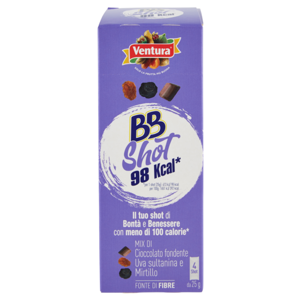 Ventura BBShot 98kcal* Mix di Cioccolato fondente Uva sultanina e Mirtillo 4 x 25 g