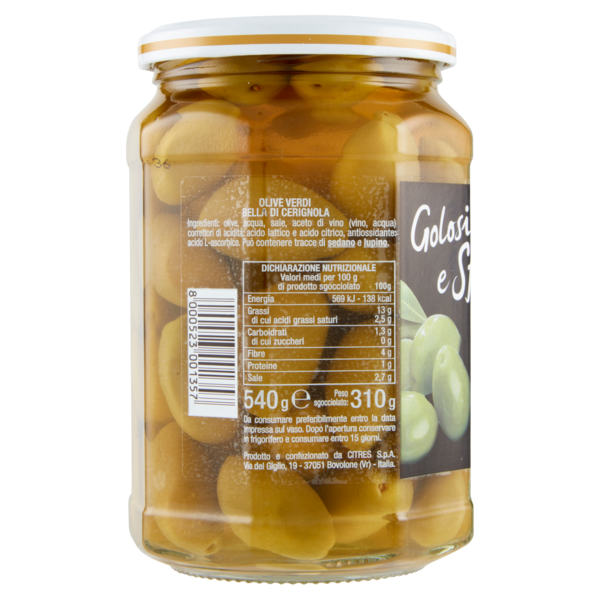 Golosi e Sfiziosi Olive Verdi Bella di Cerignola 540 g