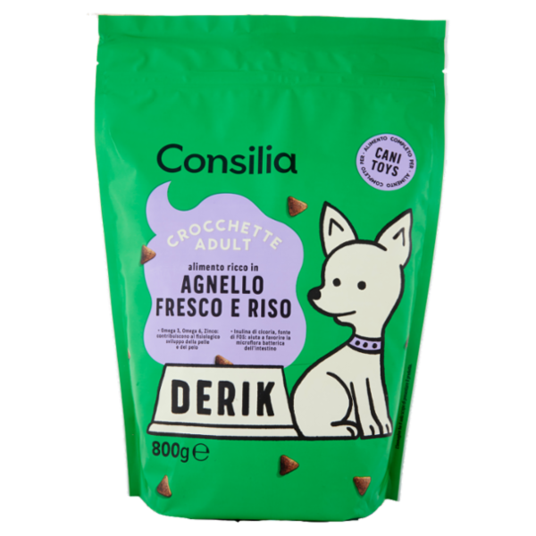 Consilia Derik Cane Adulto di Taglia Toys Crocchette con Agnello Fresco e Riso 800 g