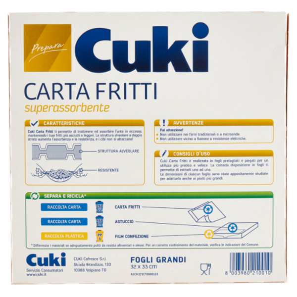 Cuki Prepara Carta Fritti superassorbente Fogli Grandi 32 x 33 cm 20 fogli