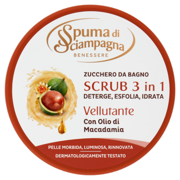 Spuma di Sciampagna Benessere Scrub 3 in 1 Vellutante con Olio di Macadamia 250 ml