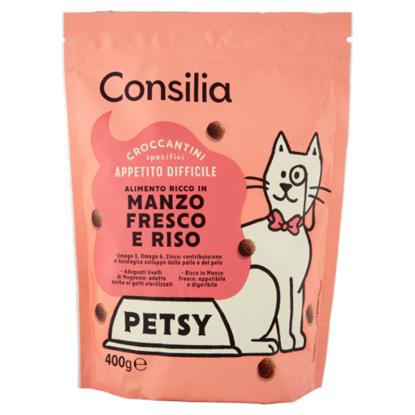 Consilia Petsy Gatto Appetito Difficile Croccantini con Manzo Fresco e Riso 400 g