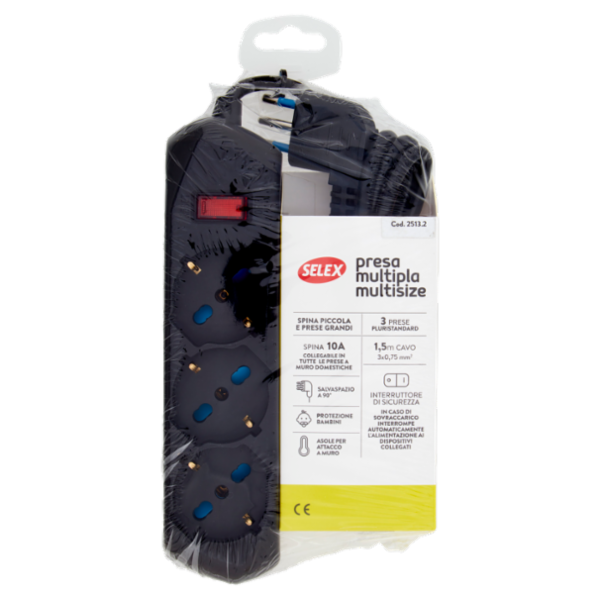 Selex Presa Multipla 3 uscite pluristandard 10/16A Inter.Sicurezza+Cavo 1,5 m Sp. S/Spazio 90° Nero
