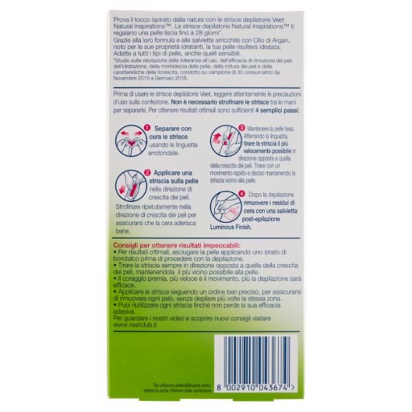 Veet Strisce Depilatorie Corpo Natural Inspirations Argan Oil, 16 Strisce Corpo