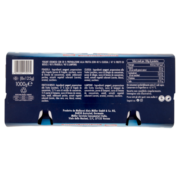 müller Yogurt Cremoso con Frutta Frullata Fragola, Ciliegia, Frutti di Bosco, Lampone 8 x 125 g