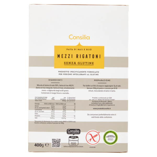 Consilia Pasta di Mais e Riso Mezzi Rigatoni Senza Glutine 400 g