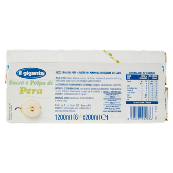 IL GIGANTE Succo e Polpa di Pera 6 x 200 ml