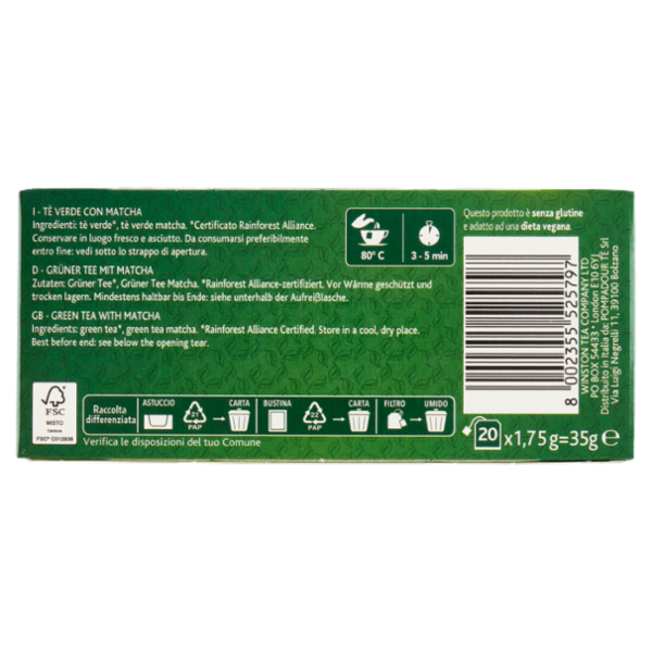 Sir Winston Tea Tè Verde con Matcha 20 x 1,75 g