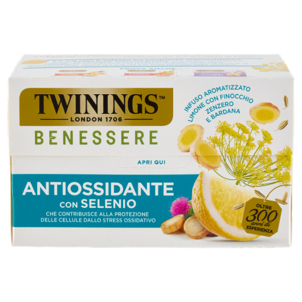 Twinings Benessere Antiossidante Infuso Aromatizzato Limone con Finocchio, Zenzero e Bardana 18 x 2g