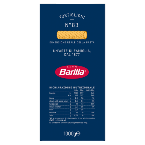 Barilla Pasta Tortiglioni n.83 100% Grano Italiano 1Kg