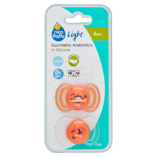 neo Baby Light Succhietto Anatomico in Silicone 6m+ Dino Arancio 2 pz