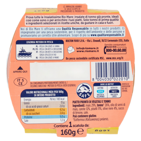 Rio mare Insalatissime Insalata di Tonno Delizia di Mais con piselli, carote e olive 160 g