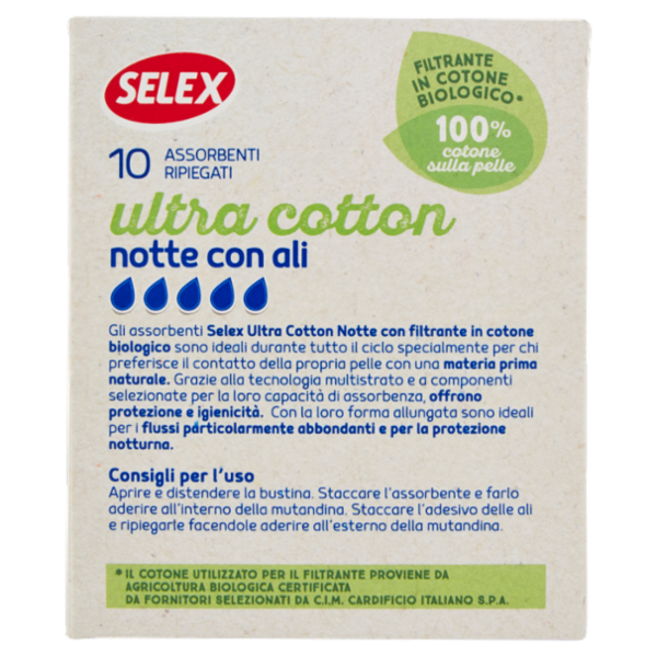 Selex Assorbenti Notte con Ali in Cotone Biologico in Bustine Singole 10 pezzi
