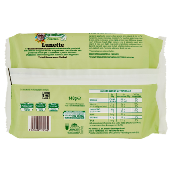 Mulino Bianco Armonia Lunette Tortine Senza Glutine Merende Farina Integrale di Riso Cioccolato 140g