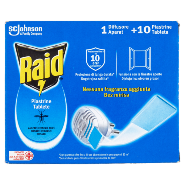 Raid Piastrine Antizanzare Comuni e Tigre, Azione prolungata,1 Diffusore + 10 Piastrine Ricarica