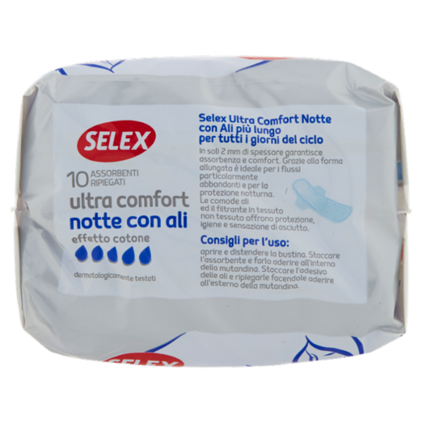 Selex Assorbenti Ultra Confort Notte con Ali Effetto Cotone in Bustine Singole 10 pezzi