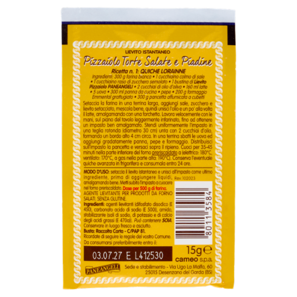 PANEANGELI Lievito Istantaneo Pizzaiolo Torte Salate e Piadine 15 g