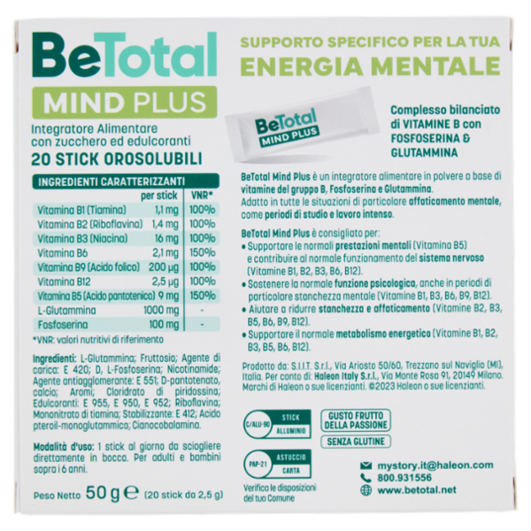 BeTotal Mind Plus Vitamina B Supporto per Stanchezza e Concentrazione Adulti e Bambini 6+ 20 Bst 50g