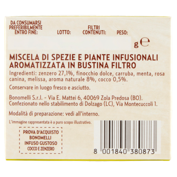 Bonomelli Infusi Gustosi 100% Naturali Cocco e Zenzero 10 filtri 20 g