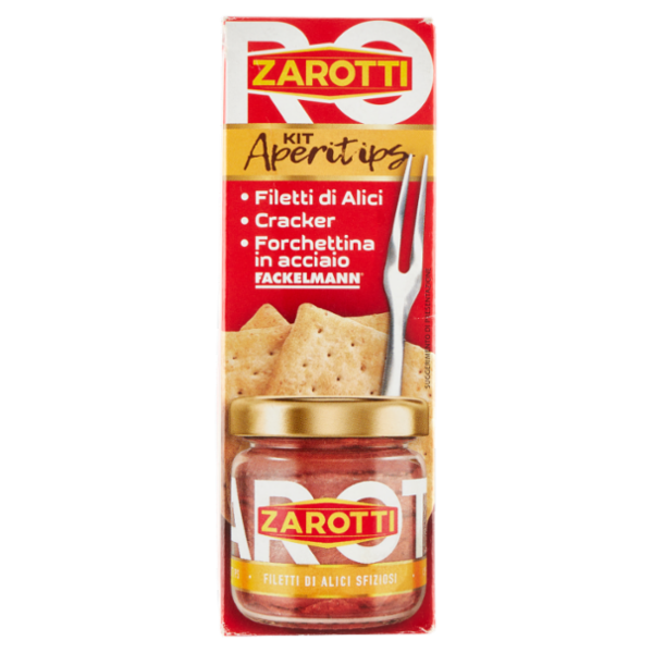 Zarotti Kit Aperitips Filetti di Alici 50 g + Cracker 200 g + Forchettina in Acciaio Fackelmann