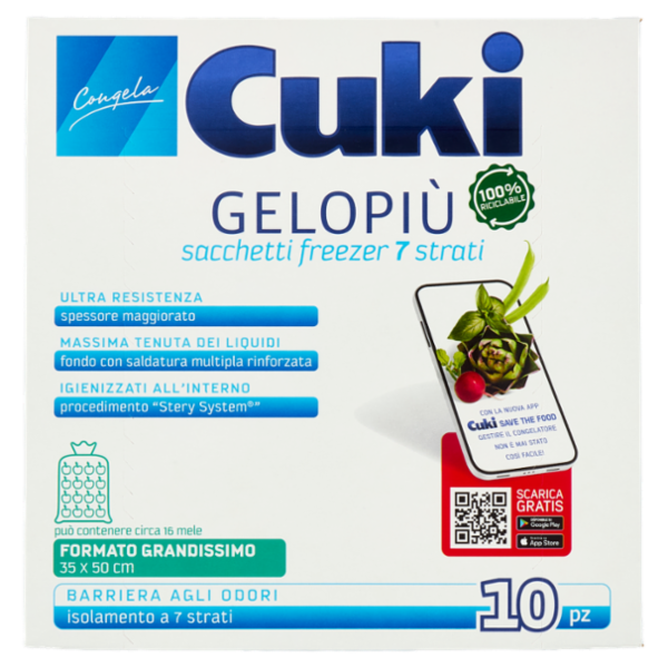 Cuki Congela Gelopiù sacchetti freezer 7 strati Formato Grandissimo 35 x 50 cm 10 pz