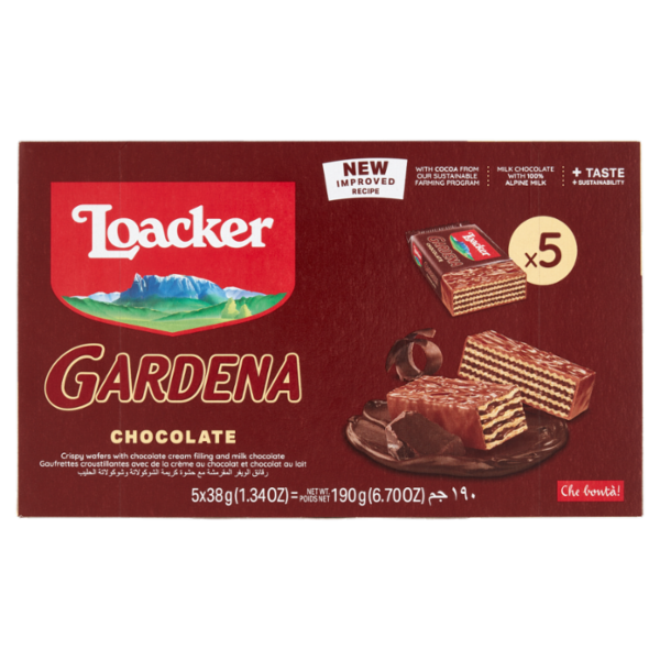 Loacker Gardena Chocolate Wafer con crema cioccolato ricoperto di cioccolato al latte Wafers 38gx5