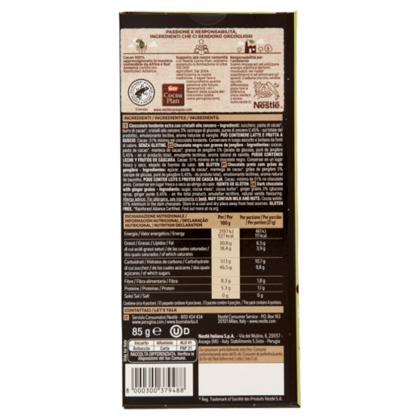 PERUGINA NERO Fondente Extra Zenzero Tavoletta Cioccolato Fondente 85g