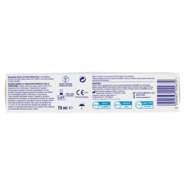 Sensodyne Repair & Protect Whitening, Effetto sbiancante, Dentifricio Denti Sensibili 65+10ML gratis