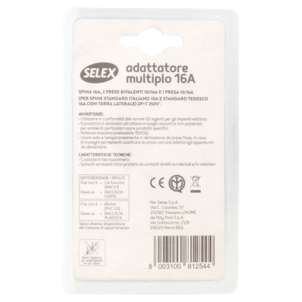 Selex Adattatore Pluristandard Spina 16A + 2 Prese 10/16A(Ita) + 1 Presa 10-16A(Ted) Nero