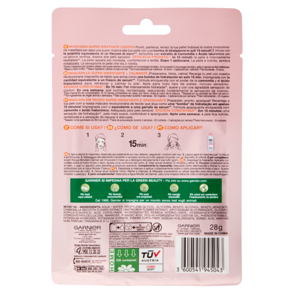 Garnier SkinActive Hydra Bomb Maschera Viso in Tessuto Super Idratante Lenitiva alla Camomilla