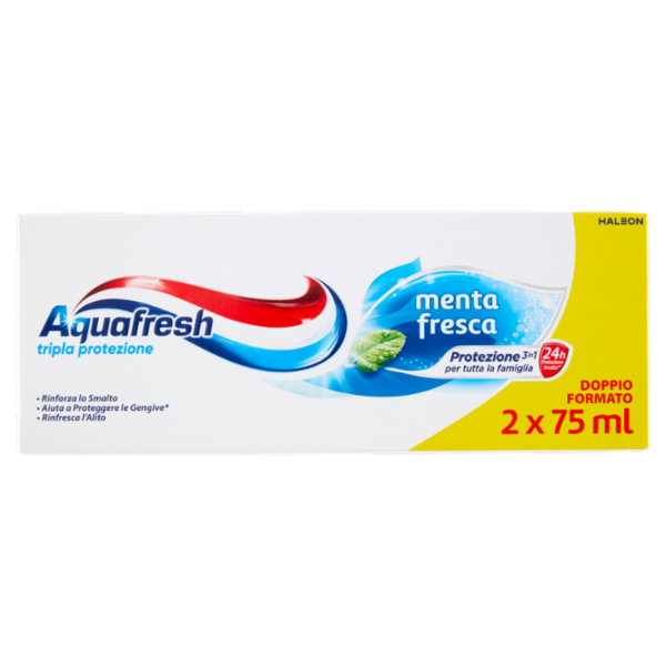 Aquafresh Dentifricio Tripla Protezione Smalto Forte Gengive Sane Gusto Menta Fresca Pacco da 2x75ml